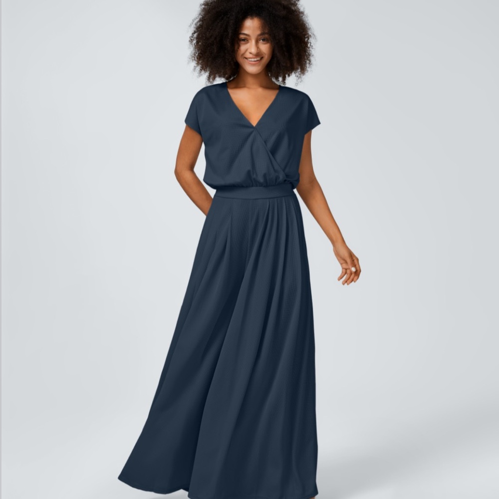 HALARA Blue Wide Leg Jumpsuit V-Neck Dolman Sleeve